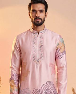 Men pink silk blend embroidered straight kurta sets 2
