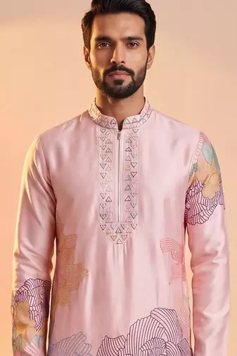 Men pink silk blend embroidered straight kurta sets
