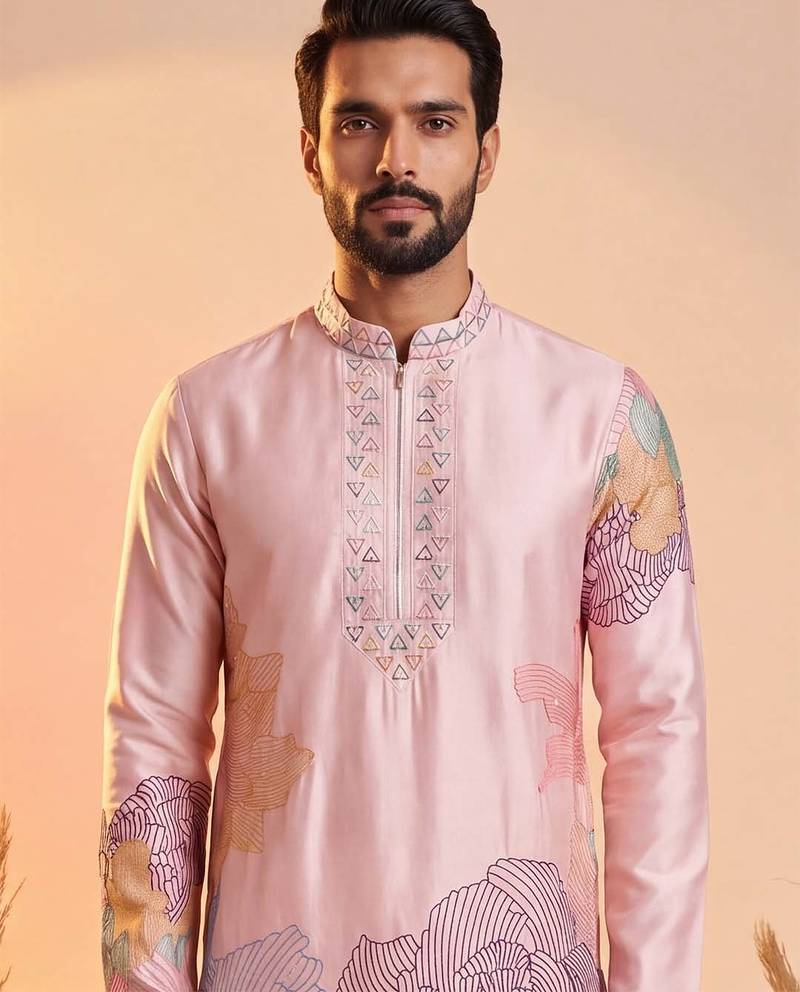 Men pink silk blend embroidered straight kurta sets