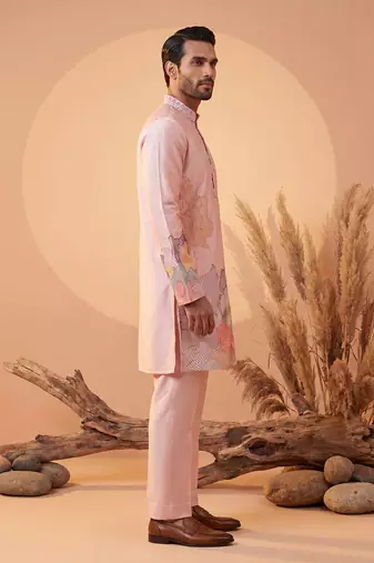 Men pink silk blend embroidered straight kurta sets
