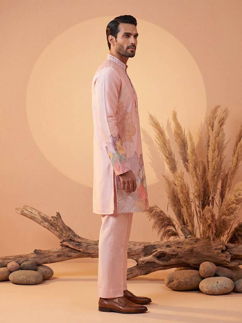 Men pink silk blend embroidered straight kurta sets