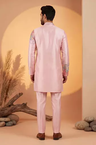Men pink silk blend embroidered straight kurta sets