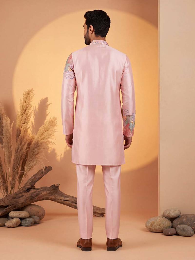 Men pink silk blend embroidered straight kurta sets