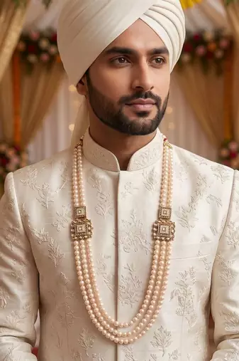   pearl beads dulha groom sherwani mala for   for wedding | layered mala | perfect for groom