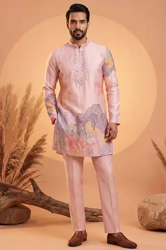 Men pink silk blend embroidered straight kurta sets