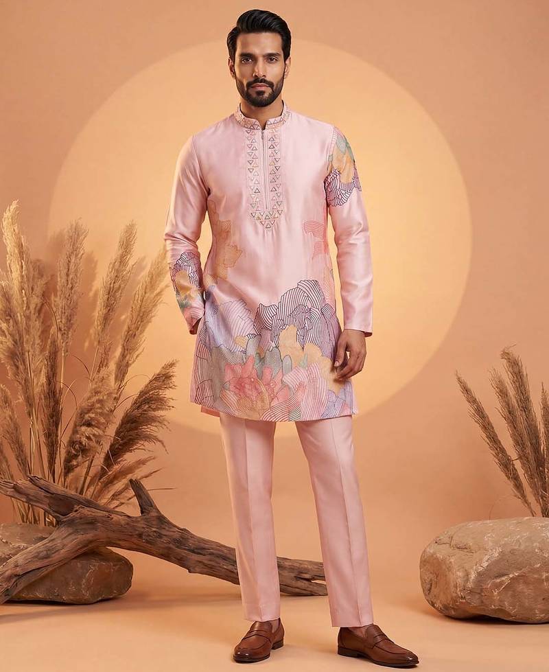 Men pink silk blend embroidered straight kurta sets