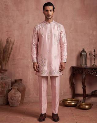 Men pink silk blend embroidered straight kurta sets 1