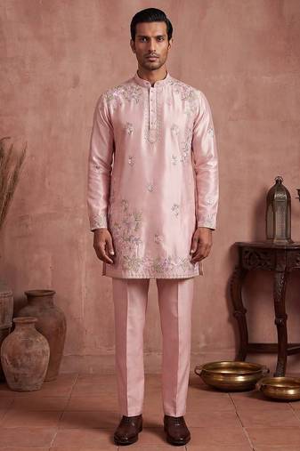 Men pink silk blend embroidered straight kurta sets