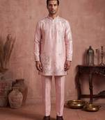 Men pink silk blend embroidered straight kurta sets