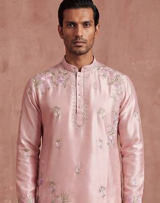 Men pink silk blend embroidered straight kurta sets 2