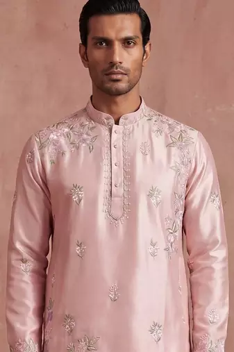 Men pink silk blend embroidered straight kurta sets