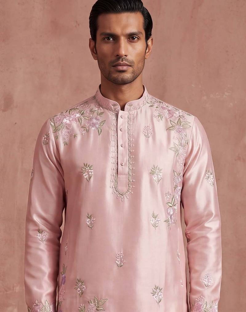 Men pink silk blend embroidered straight kurta sets