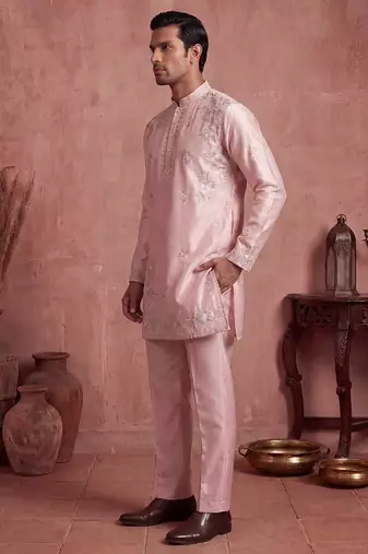 Men pink silk blend embroidered straight kurta sets