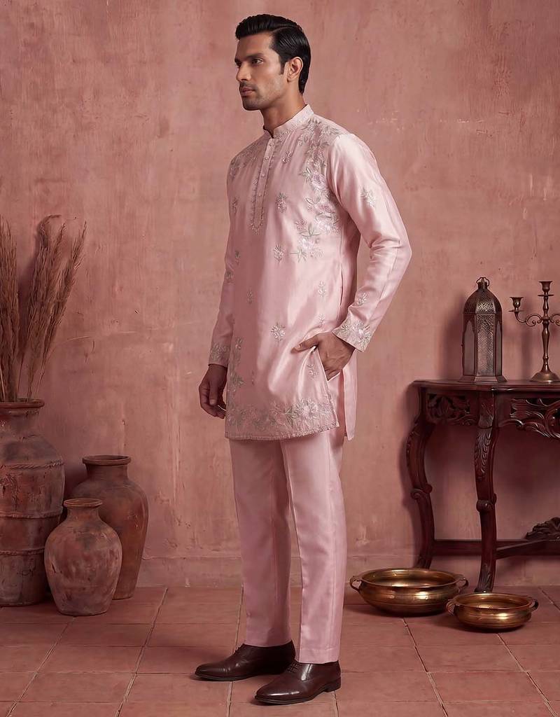 Men pink silk blend embroidered straight kurta sets