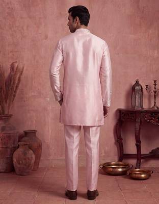 Men pink silk blend embroidered straight kurta sets 4
