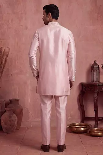 Men pink silk blend embroidered straight kurta sets