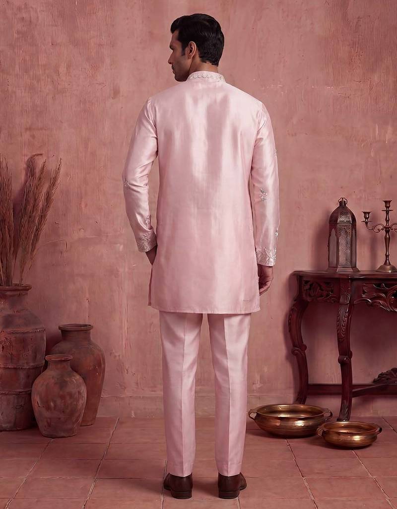 Men pink silk blend embroidered straight kurta sets