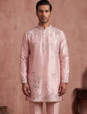 Men pink silk blend embroidered straight kurta sets 5