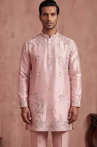 Men pink silk blend embroidered straight kurta sets