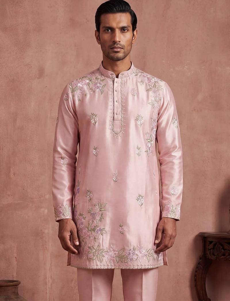Men pink silk blend embroidered straight kurta sets