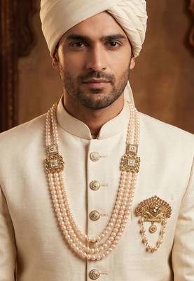   groom sherwani necklace moti mala layered for wedding | groom mala with brooch set 6
