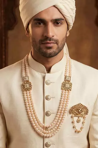   groom sherwani necklace moti mala layered for wedding | groom mala with brooch set