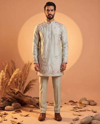 Men green silk blend embroidered straight kurta sets 1