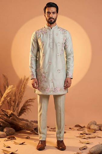 Men green silk blend embroidered straight kurta sets