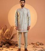 Men green silk blend embroidered straight kurta sets