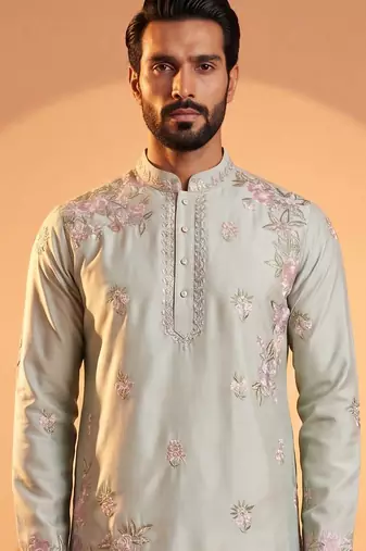 Men green silk blend embroidered straight kurta sets