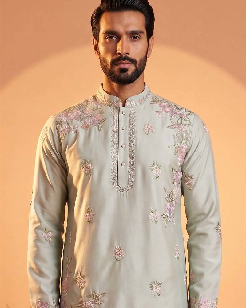 Men green silk blend embroidered straight kurta sets
