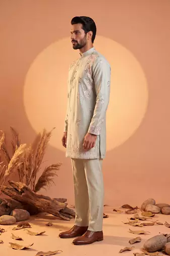 Men green silk blend embroidered straight kurta sets