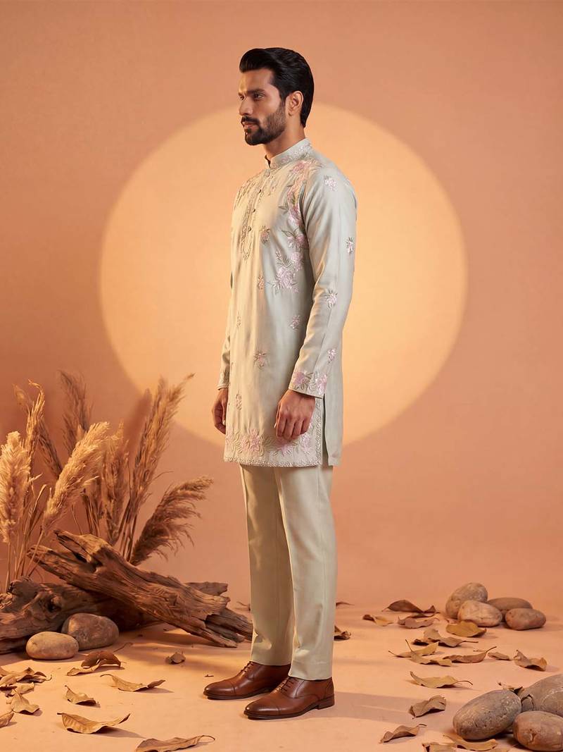 Men green silk blend embroidered straight kurta sets
