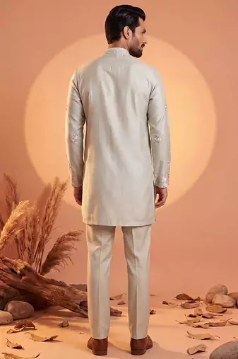 Men green silk blend embroidered straight kurta sets