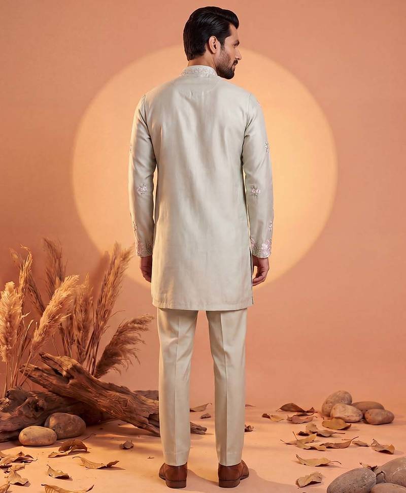 Men green silk blend embroidered straight kurta sets