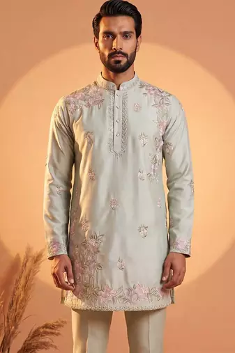 Men green silk blend embroidered straight kurta sets