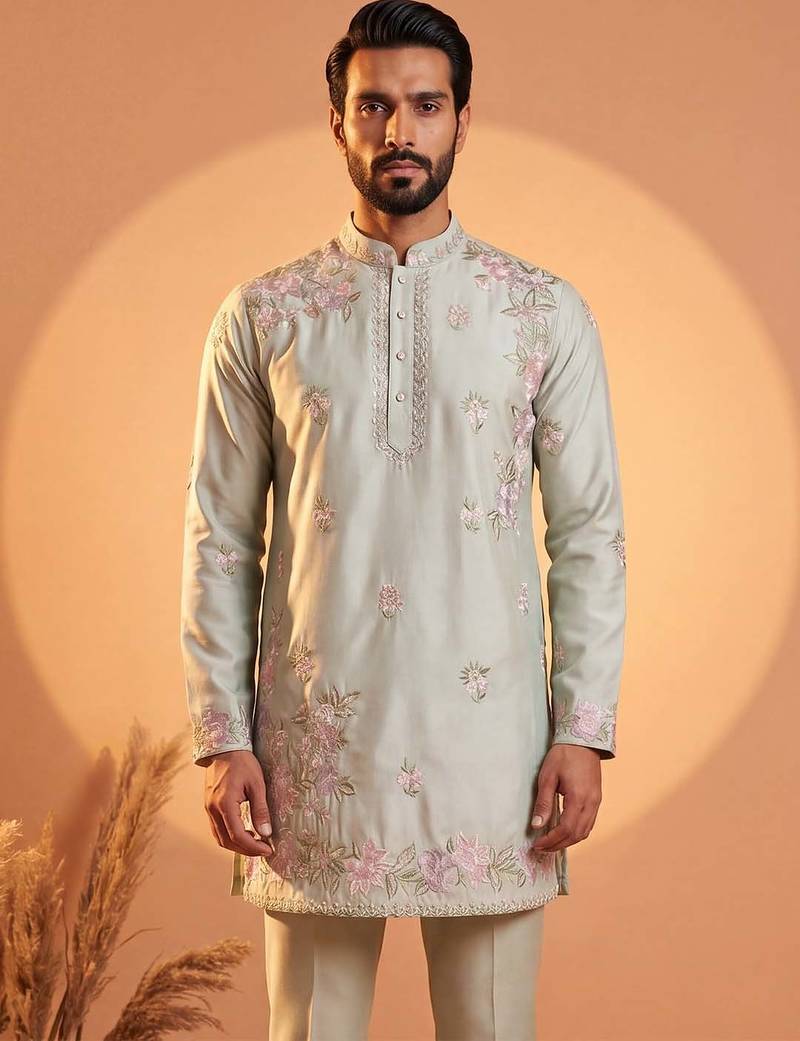 Men green silk blend embroidered straight kurta sets