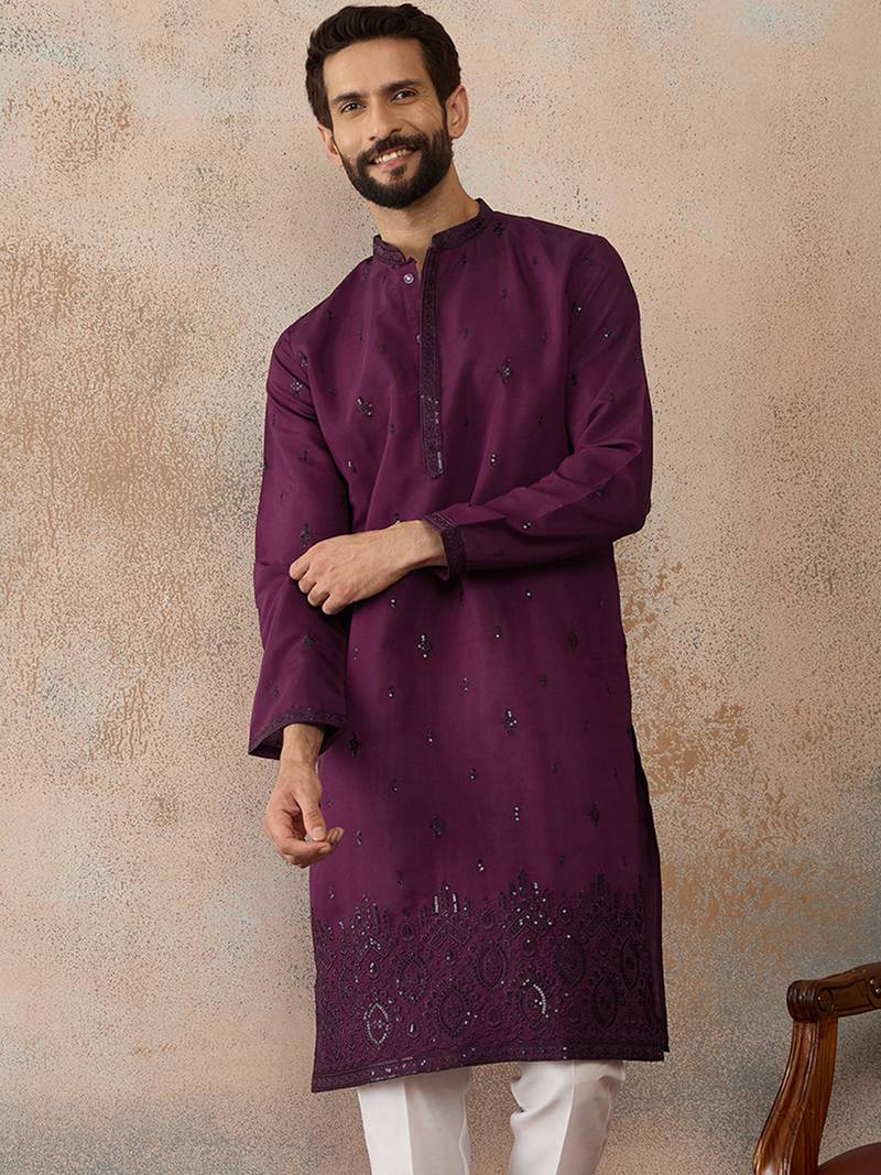 Men purple silk blend embroidered straight kurta sets