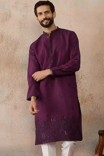 Men purple silk blend embroidered straight kurta sets