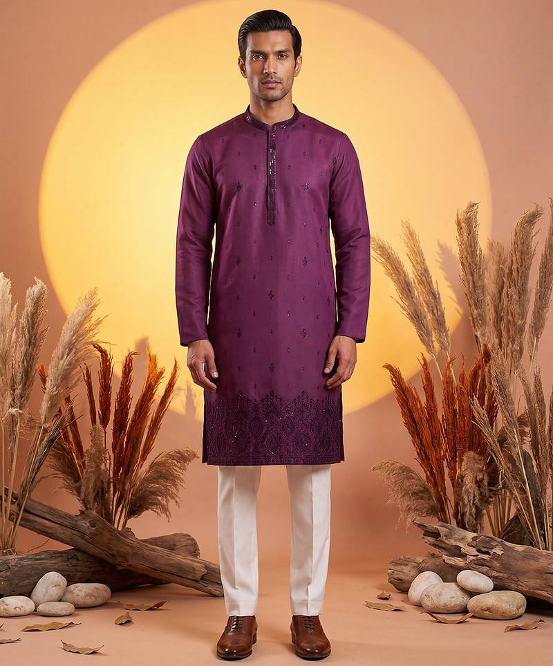 Men purple silk blend embroidered straight kurta sets
