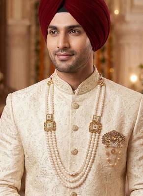   groom sherwani necklace moti mala layered for wedding | groom mala with brooch set 6