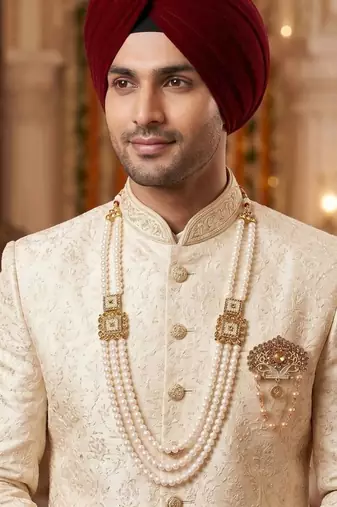   groom sherwani necklace moti mala layered for wedding | groom mala with brooch set