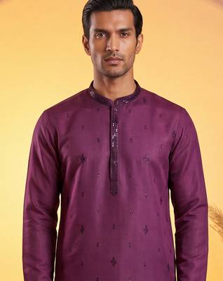 Men purple silk blend embroidered straight kurta sets 2