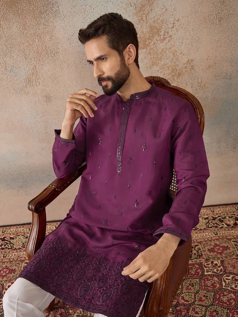 Men purple silk blend embroidered straight kurta sets