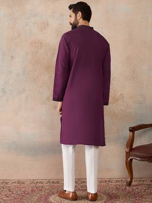 Men purple silk blend embroidered straight kurta sets 4