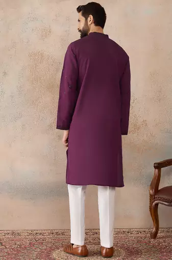 Men purple silk blend embroidered straight kurta sets