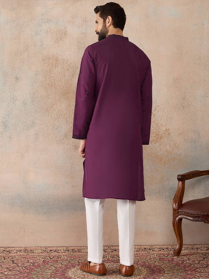 Men purple silk blend embroidered straight kurta sets