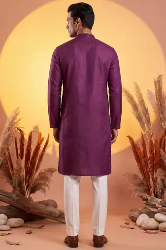 Men purple silk blend embroidered straight kurta sets