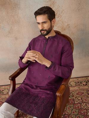 Men purple silk blend embroidered straight kurta sets 5