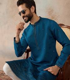 Men blue silk blend embroidered straight kurta sets